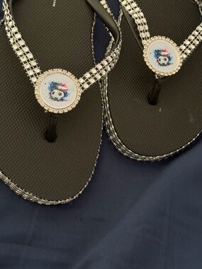 Women's Black Rhinestone Soccer Medallion Flip Flops